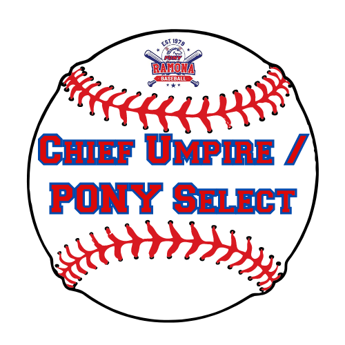 Logo on a white softball, reading “Chief Umpire / Pony Select” in red and blue.