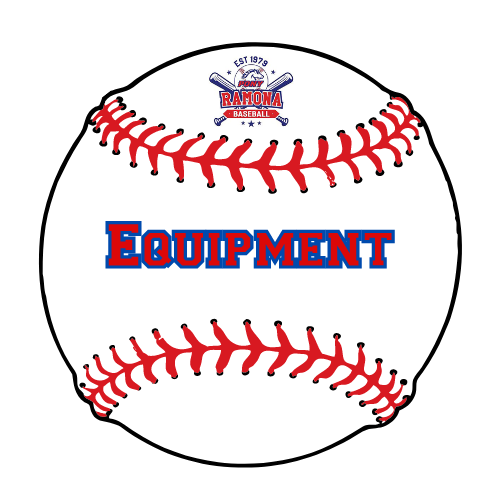 Baseball with red stitching and the word “Equipment” in blue and red text