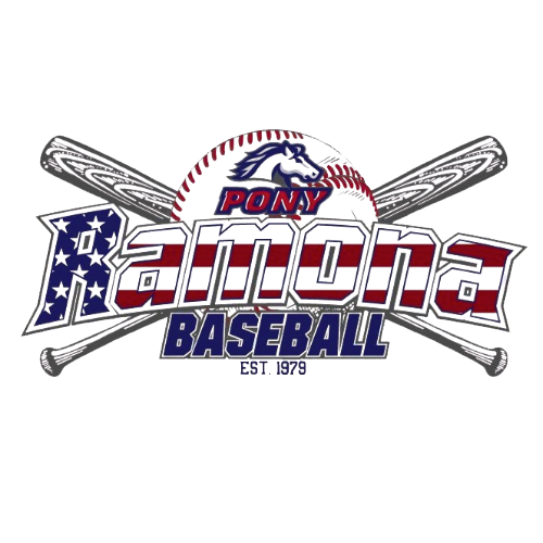 Pony Ramona Baseball logo with crossed bats, a baseball, and red, white, and blue lettering
