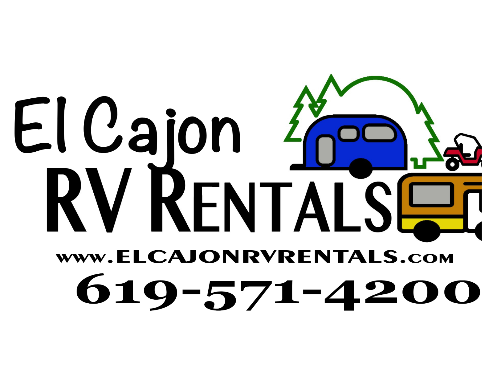 El Cajon RV Rentals logo with blue RV, red car, green mountains, website, and phone number 619-571-4200