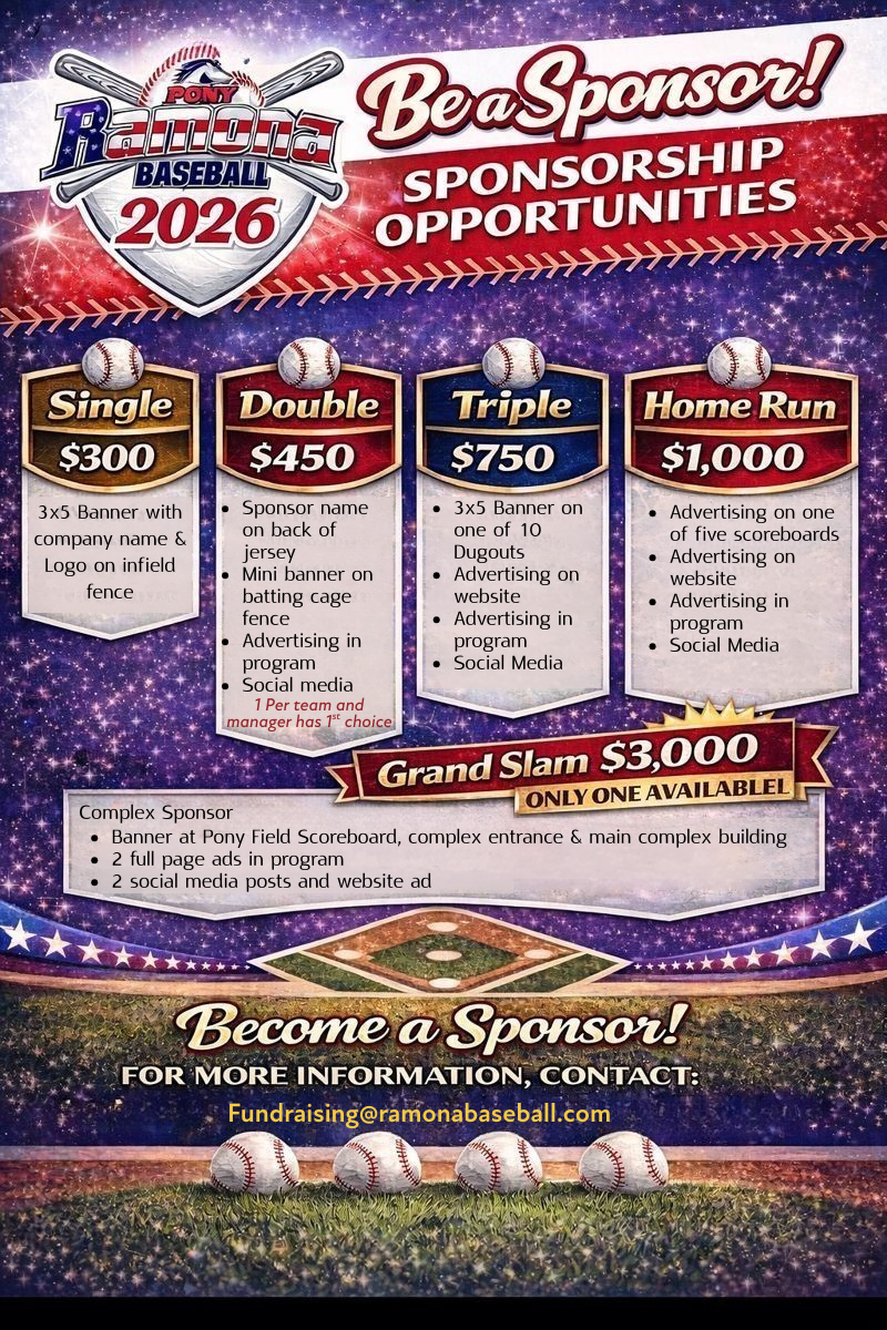 Bee Sponsor! 2026 sponsorship opportunities flyer with pricing tiers and stadium backdrop.