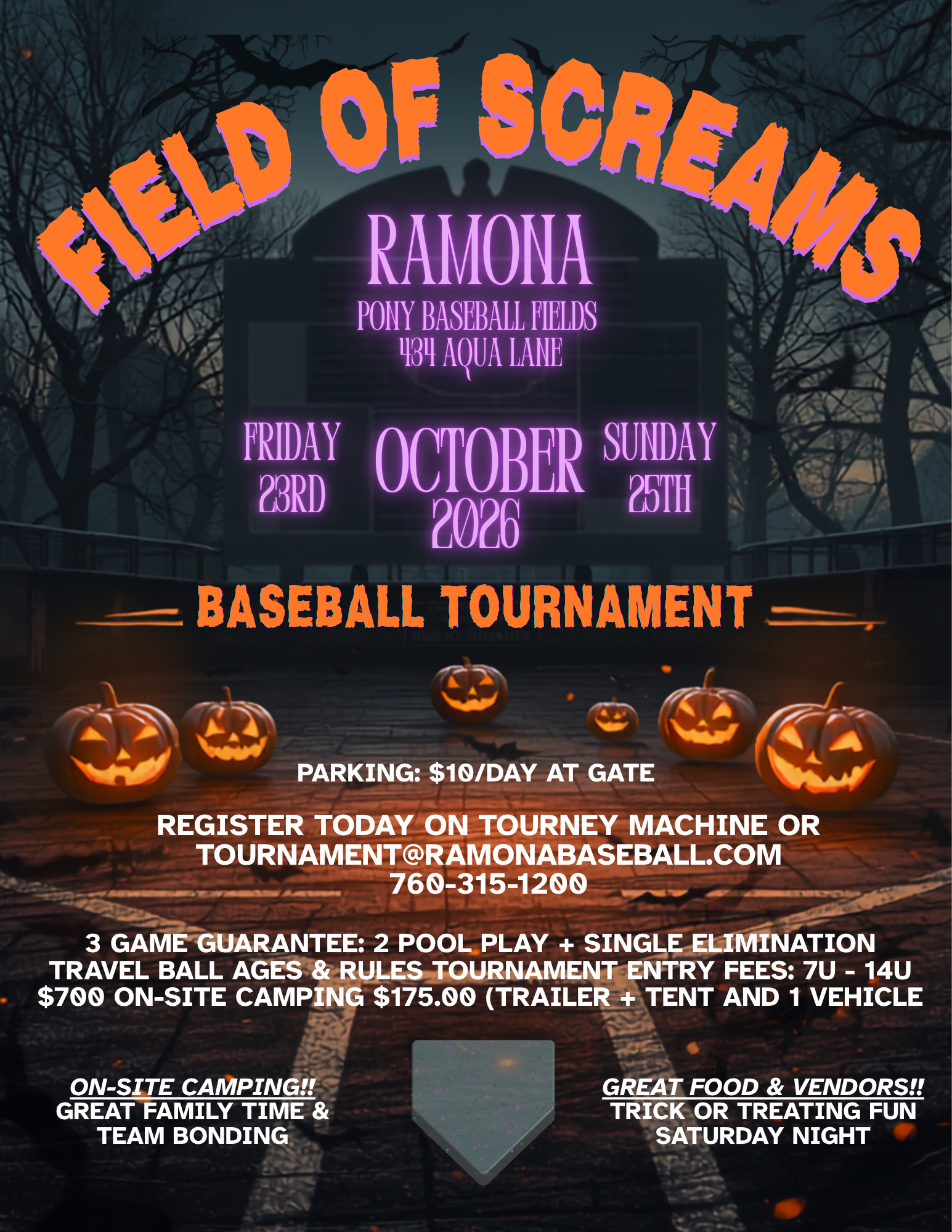 Orange Halloween baseball tournament poster with bats, pumpkins, bats, and a haunted castle silhouette