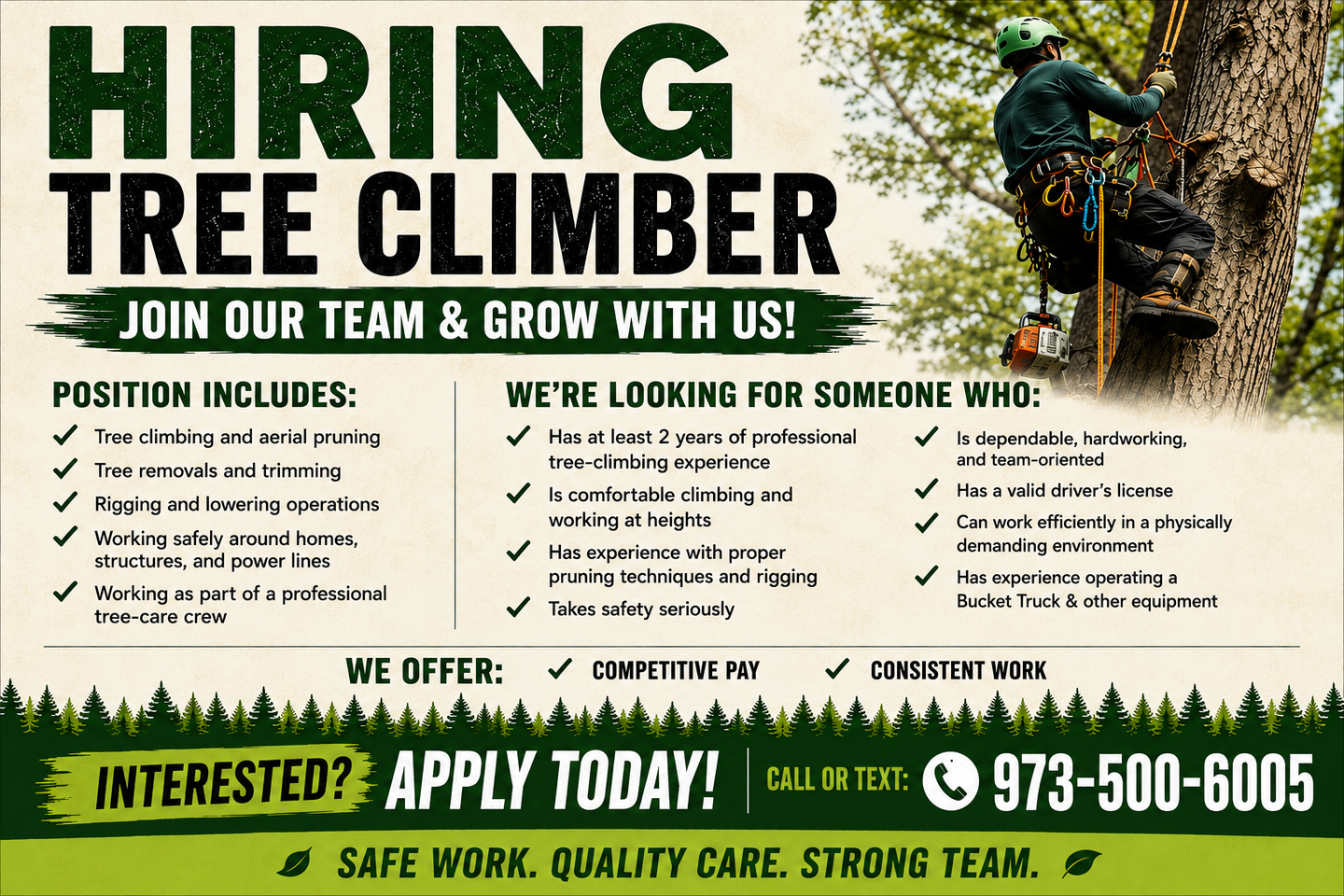 Hiring flyer for tree climber; green/beige design with worker in tree and phone number 973-500-6005