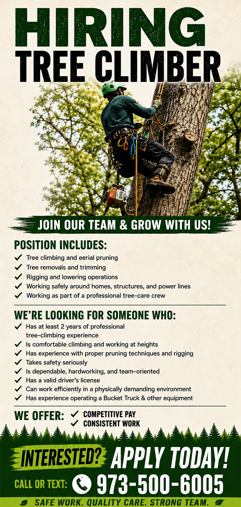 Hiring tree climber poster with worker climbing a tree and green-black bold text, inviting applications.