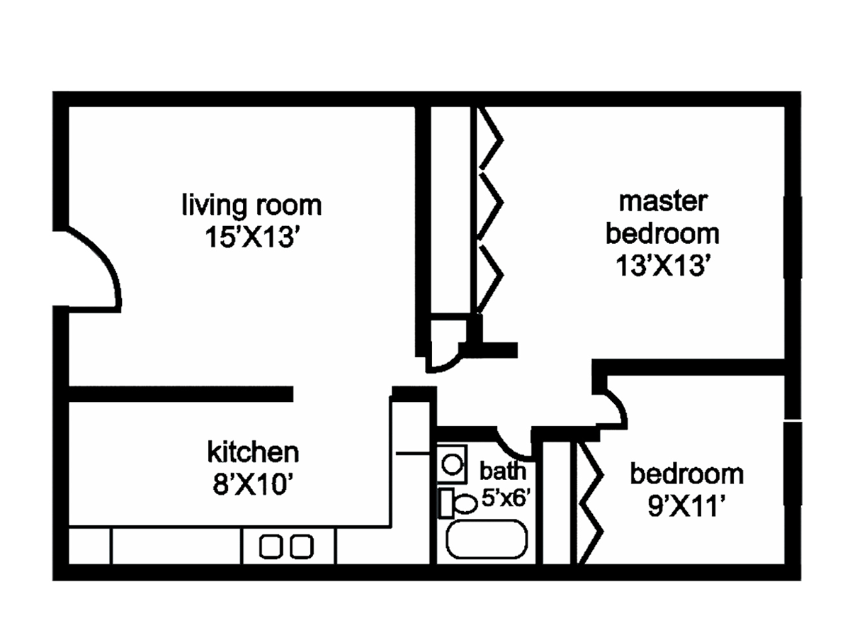 Floor plan of a two-bedroom apartment, with dimensions labeled for each room.