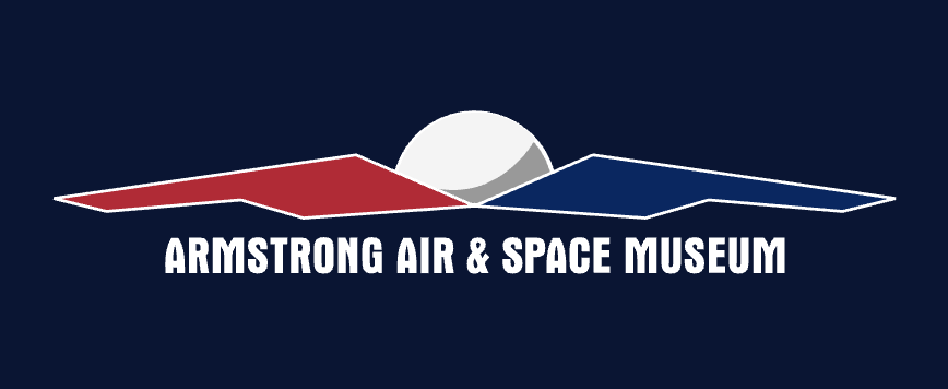 Armstrong Air & Space Museum logo on dark blue background with red and blue wing shapes and white dome