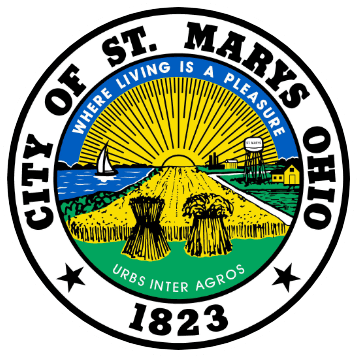 Seal of St. Marys, Ohio, with sunburst, canal lock, sailboat, and the motto “Where Living Is a Pleasure.”