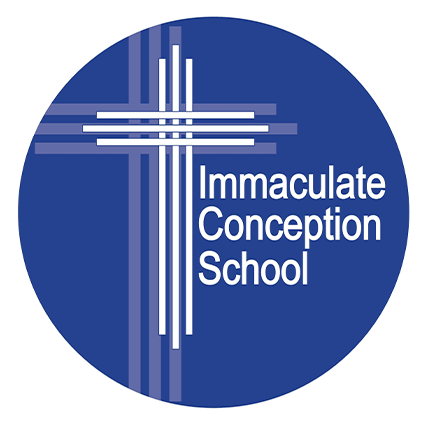 Immaculate Conception School logo on a blue circle with a white cross and text
