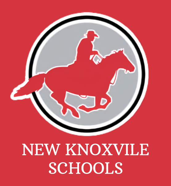 New Knoxville Schools logo with red rider on horse in a gray circle on red background