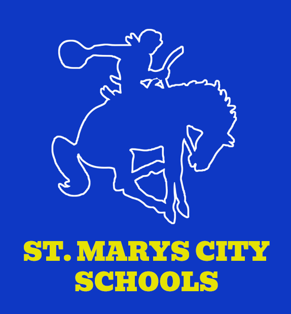 St. Marys City Schools logo with white rider silhouette on blue background and yellow text