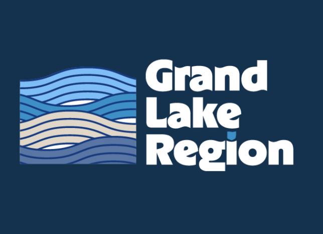 Grand Lake Region logo with blue wave icon and white text on a dark blue background