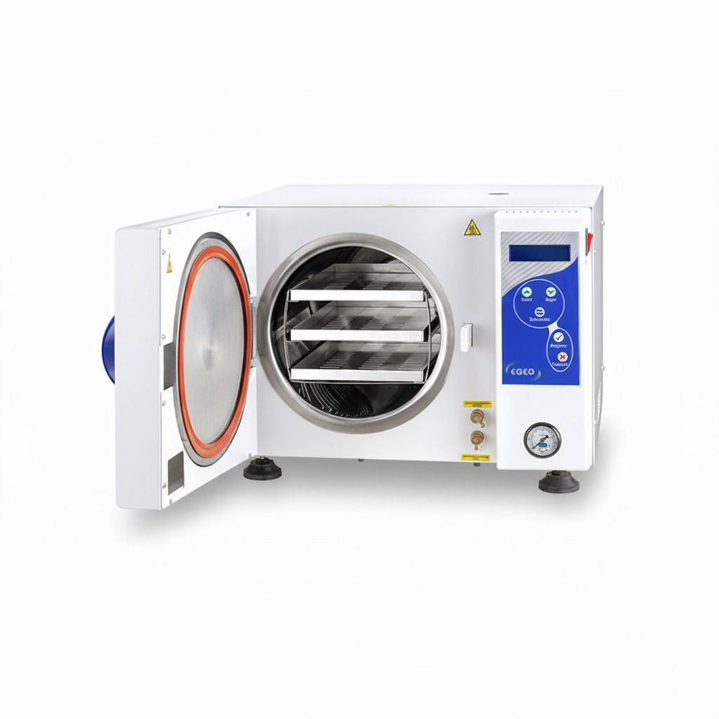 Esterilizador de laboratorio compacto con puerta abierta, bandejas metálicas y panel de control azul sobre fondo blanco.