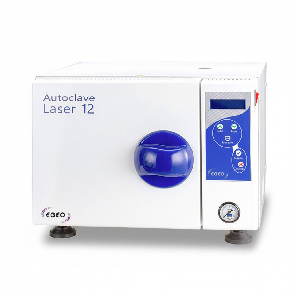 Esterilizador de laboratorio compacto con puerta abierta, bandejas metálicas y panel de control azul sobre fondo blanco.