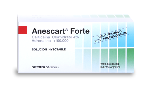 Caja de medicamentos Anescart Forte, envase blanco y azul para solución inyectable, con etiqueta roja.