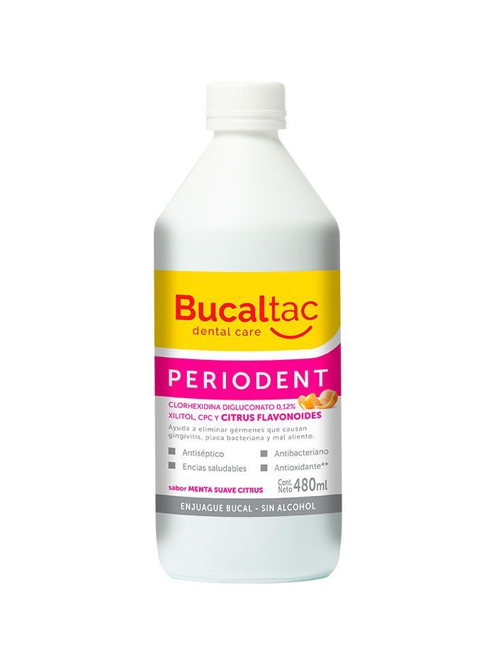 Frasco de solución oral veterinaria Bucaltac Periodent con tapa blanca y etiqueta amarillo-rosa.