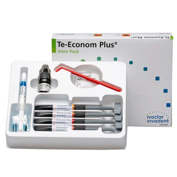 Kit de resina dental con jeringa, puntas de mezcla, pincel aplicador y componentes en una bandeja blanca