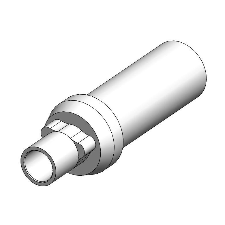 Representación 3D de un conector mecánico cilíndrico metálico con un extremo frontal roscado.