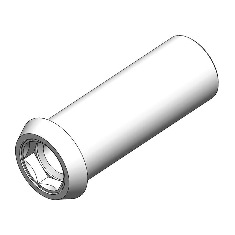 Representación 3D de un conector mecánico cilíndrico metálico con un extremo frontal roscado.
