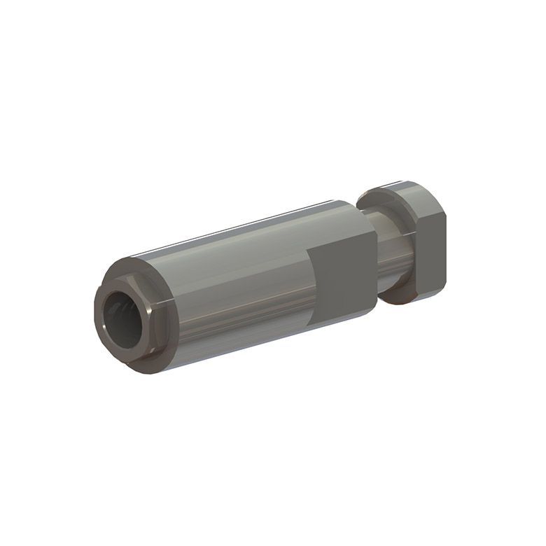 Conector cilíndrico de metal gris con extremo roscado y acoplamiento hexagonal sobre fondo blanco.