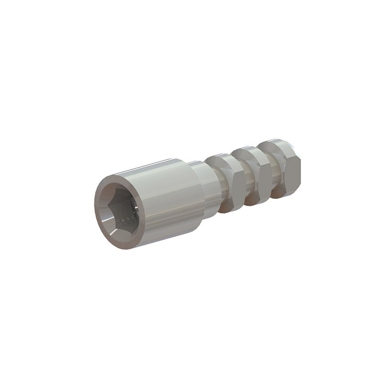 Conector cilíndrico de metal gris con extremo roscado y acoplamiento hexagonal sobre fondo blanco.