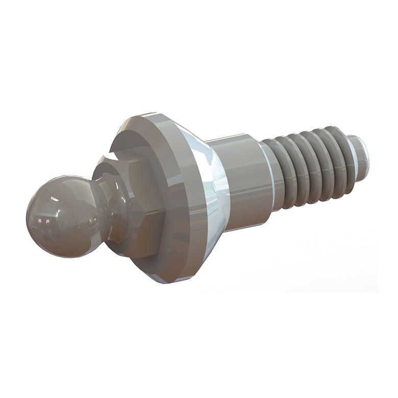 Tornillo de metal gris con cabeza esférica redondeada, aislado sobre fondo blanco.