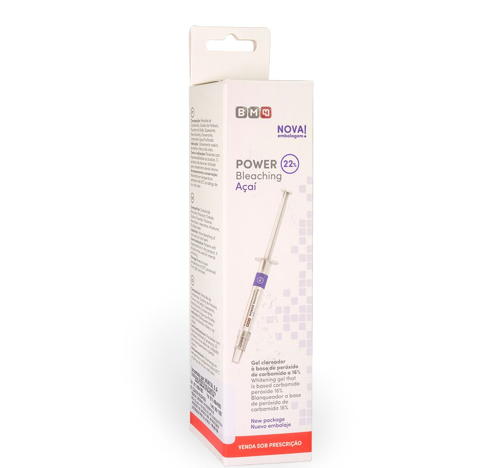 Caja de pasta de dientes blanqueadora NOVA Power con un diseño blanco y morado sobre fondo blanco.