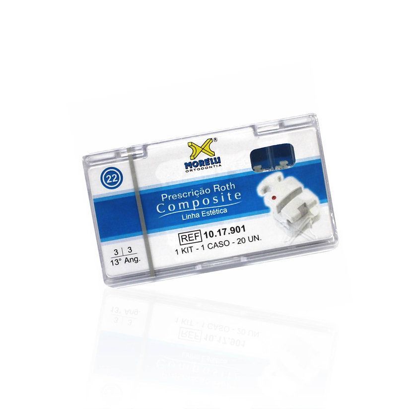 Cartucho de resina compuesta dental transparente azul y blanca en un estuche de plástico.