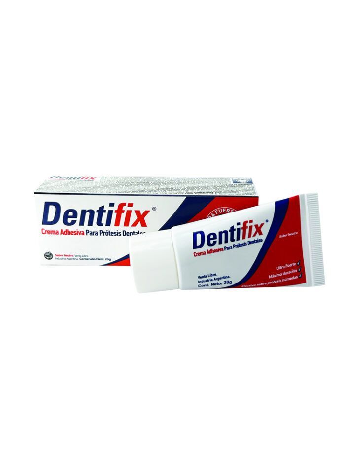 Tubos y caja de pasta de dientes Dentifix sobre un fondo blanco.