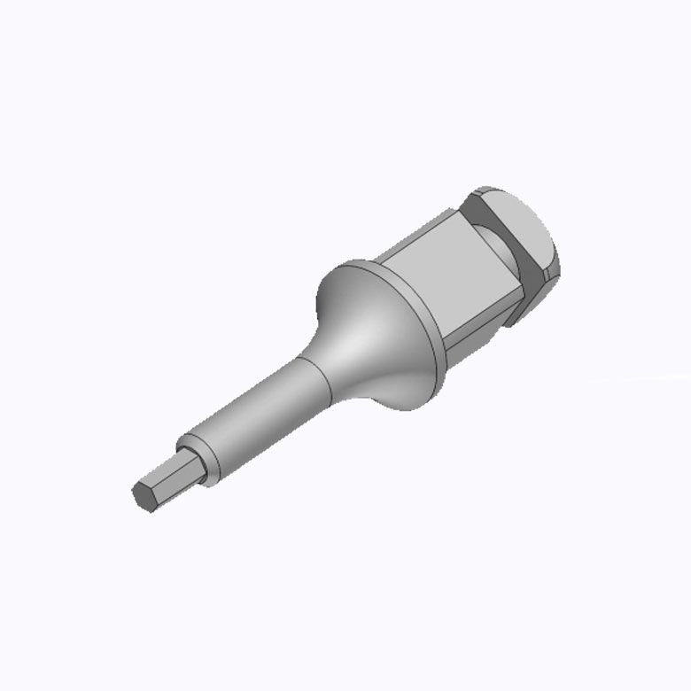 Pieza mecánica metálica renderizada en 3D con eje cónico, cuerpo hexagonal y extremo tapado.