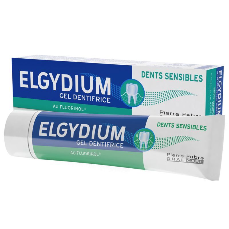 Dos cajas de pasta de dientes Elgydium para dientes sensibles, con envases azules, verdes y blancos.