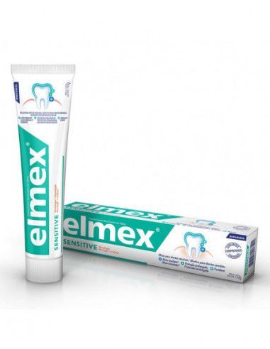 Tubo y caja de pasta de dientes Elmex sobre fondo blanco.