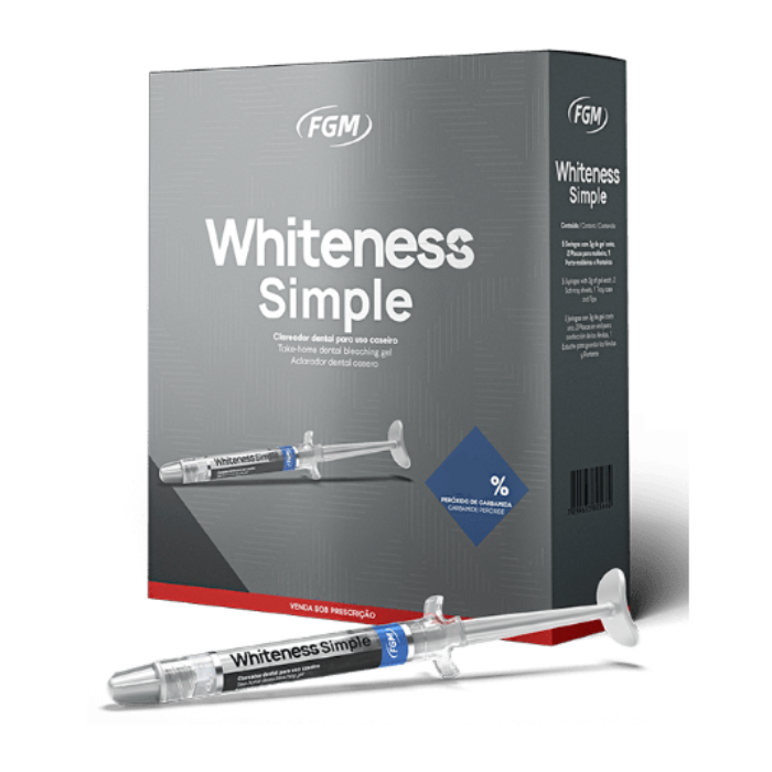 Caja y jeringa del kit de blanqueamiento dental Whiteness Simple sobre fondo blanco.
