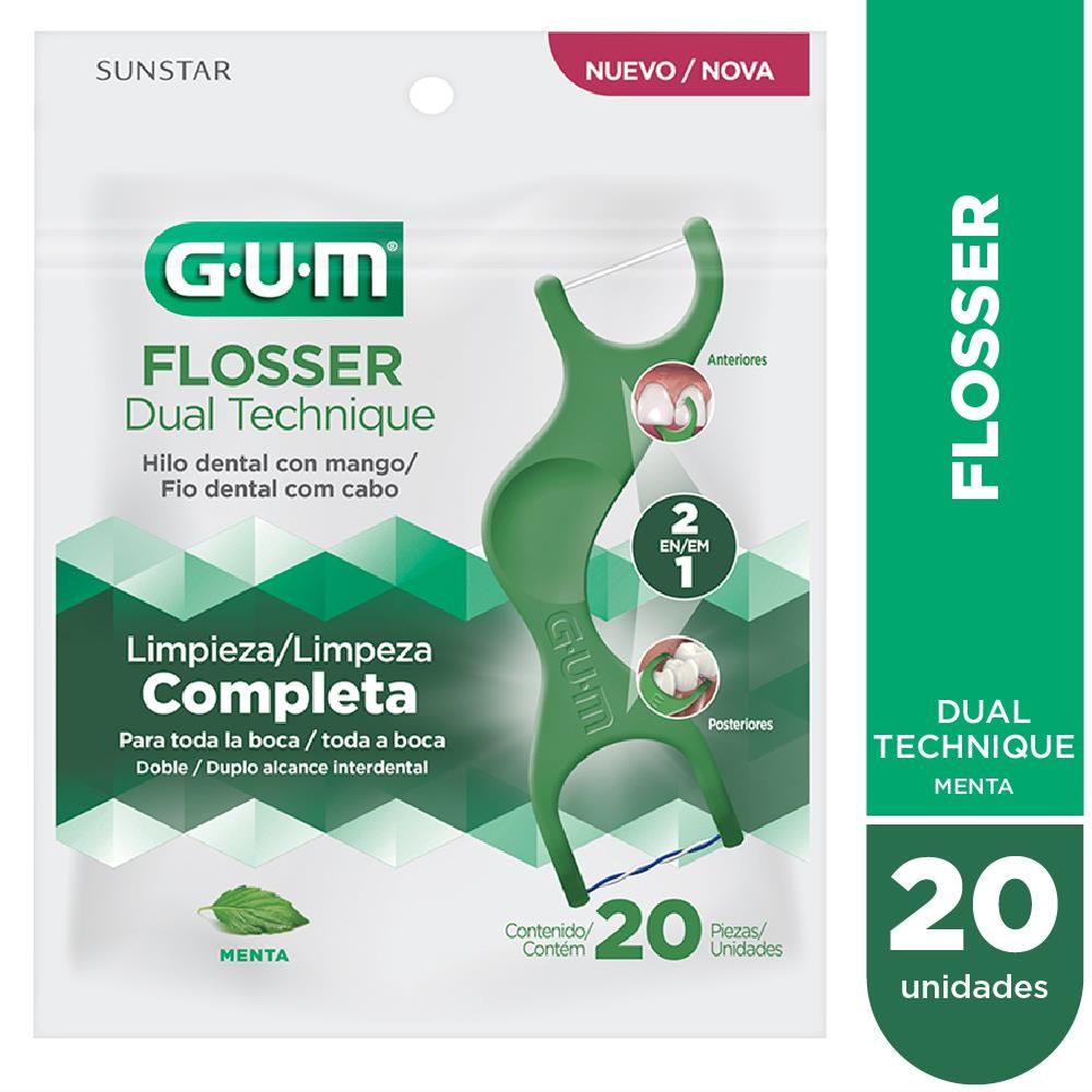 Paquete de palillos de hilo dental GUM Flosser Dual Technique, blancos y verdes, 20 unidades.