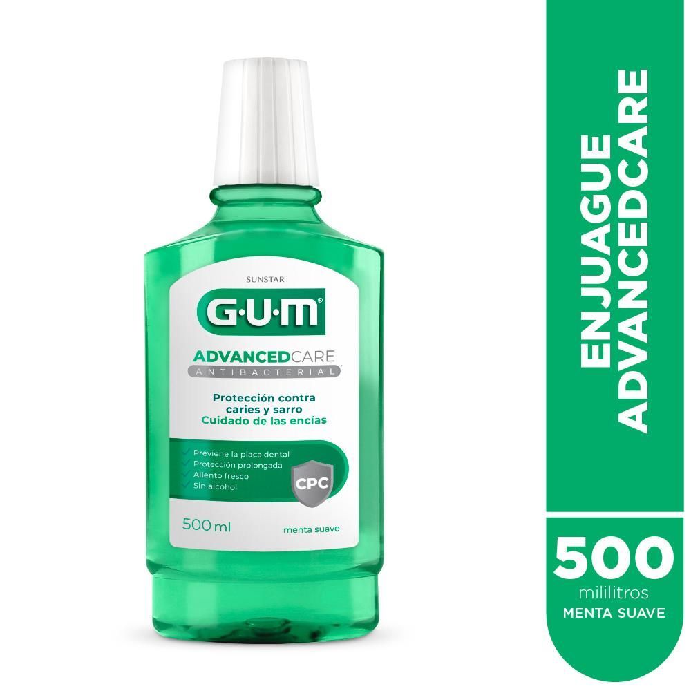 Enjuague bucal Green GUM Advanced Care, botella de 500 ml, con etiqueta y tapa verdes y blancas.