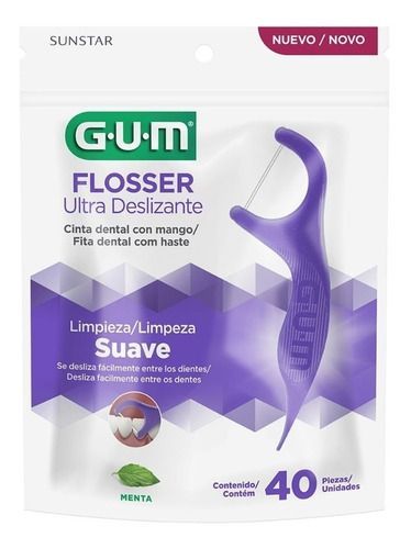 Caja de hilo dental GUM Flosser Ultra Delicate, color blanco y morado, sabor menta, 40 unidades