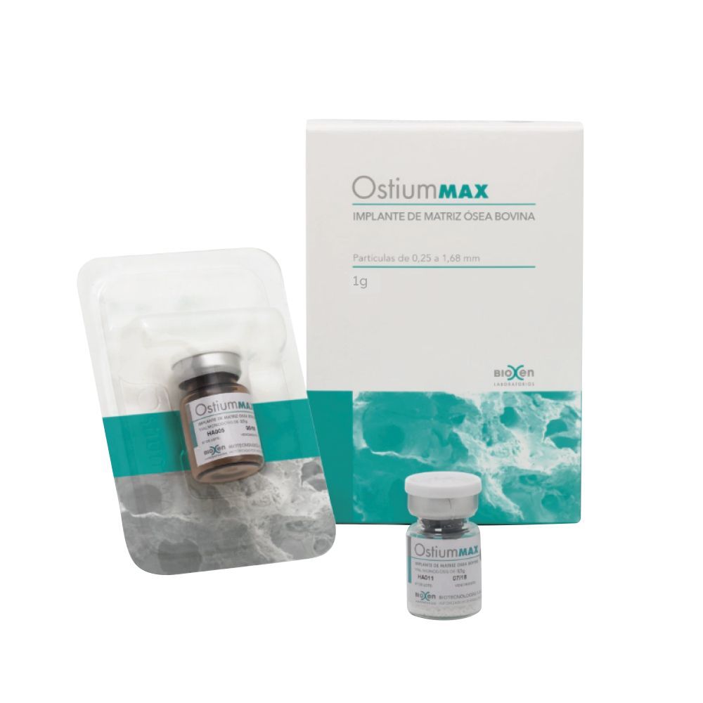 Envase médico Ostiummax con dos viales pequeños, diseño blanco y turquesa.