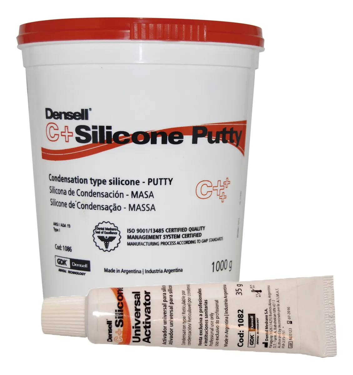 Envase blanco de Masilla de Silicona C+ y tubo de Activador Universal.