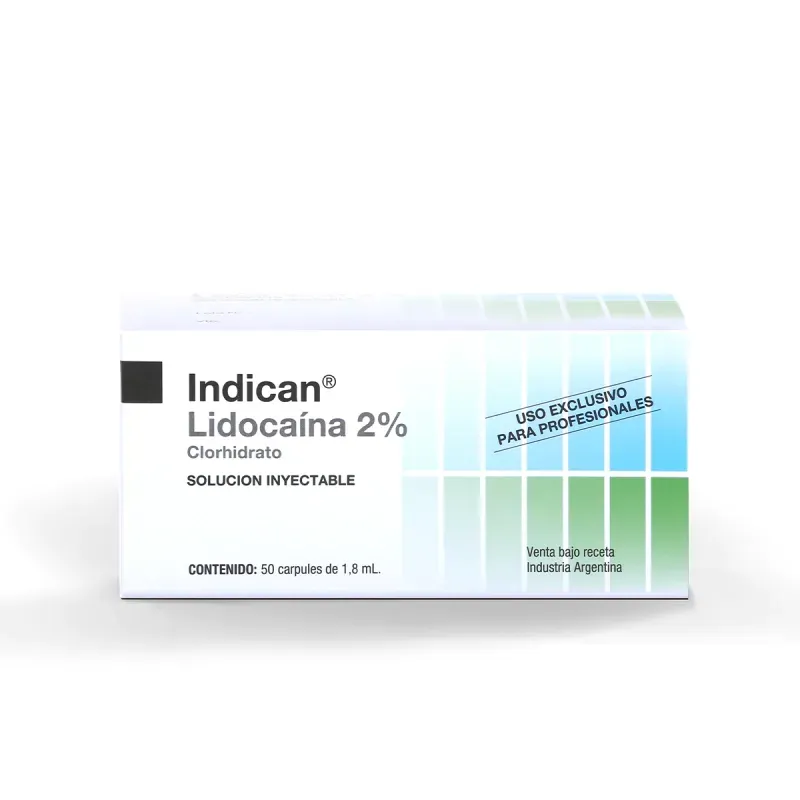 Caja de solución inyectable de Indican Lidocaína al 2%. Contiene 50 cápsulas. Etiqueta 