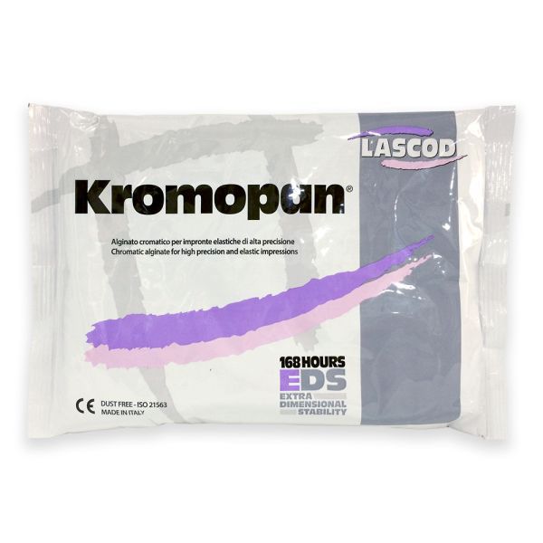 Envase para el adhesivo para esparadrapo Kromopun, bolsa blanca con franja morada y logotipo de LASCOD.