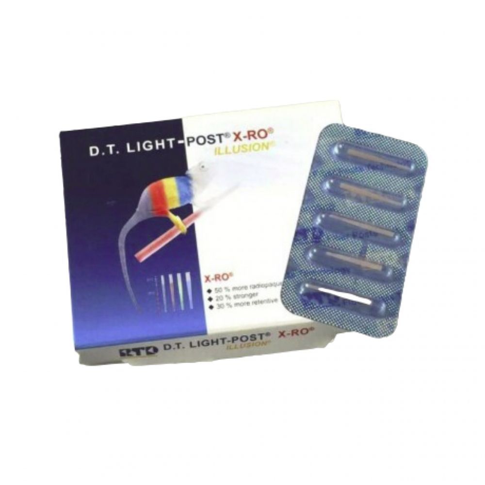 Caja de postes dentales DT Light-Post X-RO junto a un blíster de cuatro postes.