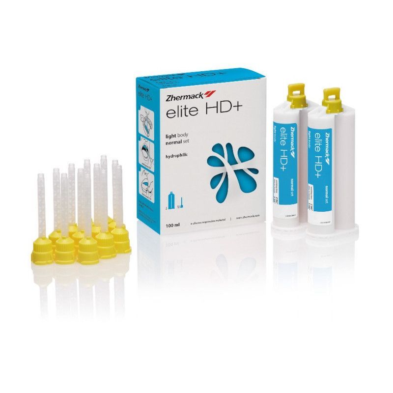 Kit de impresión dental con caja azul y blanca, dos tubos de cartucho y puntas mezcladoras con tapa amarilla.