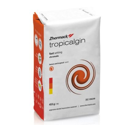 Caja blanca y naranja de material de impresión dental Zhermack Tropicalgin con logotipo en espiral.