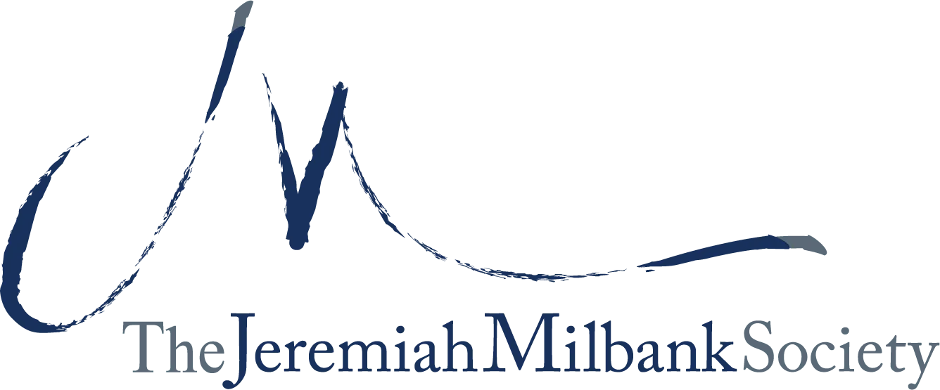 A blue logo for the jeremiah milbank society