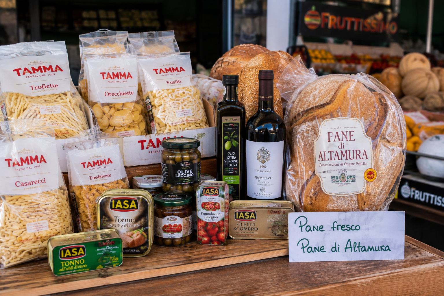 Pasta, fagioli, barattoli e olio d'oliva esposti su una bancarella del mercato con cartelli scritti a mano.