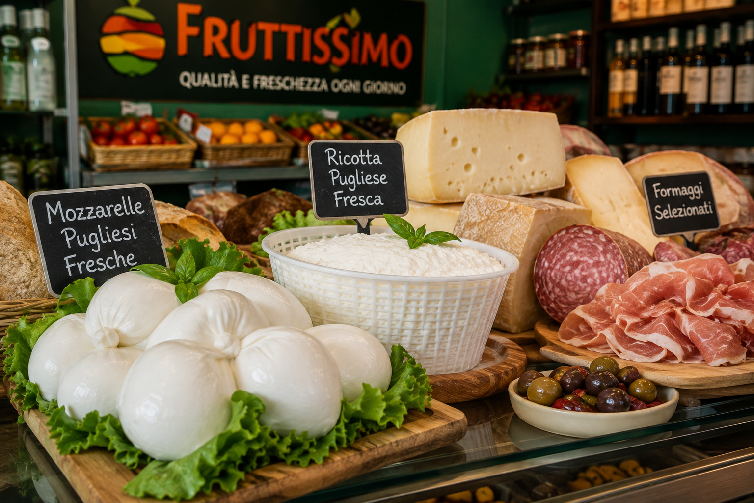 Banco gastronomia italiano con mozzarella, ricotta, formaggi, salumi, olive e insegna Fruttissimo.
