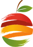 Logo stilizzato di una mela rossa, arancione e verde con gambo e foglia marroni.