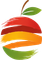 Logo stilizzato di una mela rossa, arancione e verde con gambo e foglia marroni.
