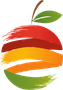 Logo stilizzato di una mela rossa, arancione e verde con gambo e foglia marroni.