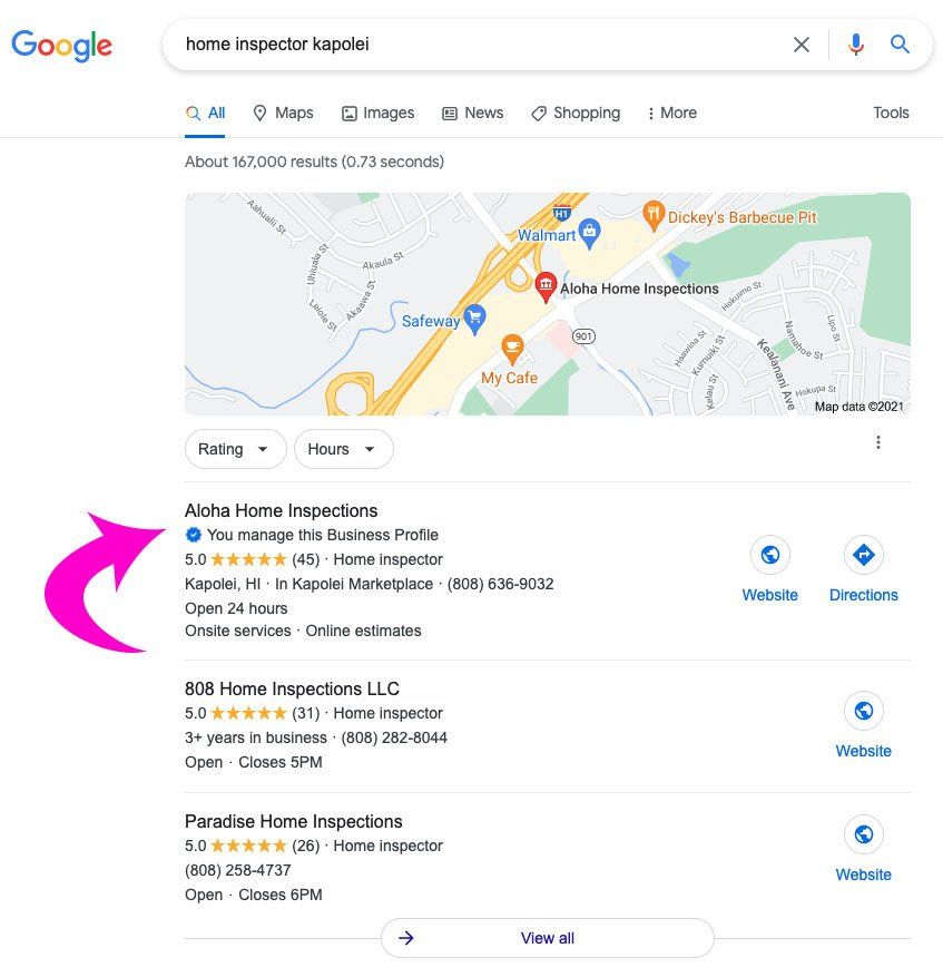 A screenshot of a google search for a home inspector.