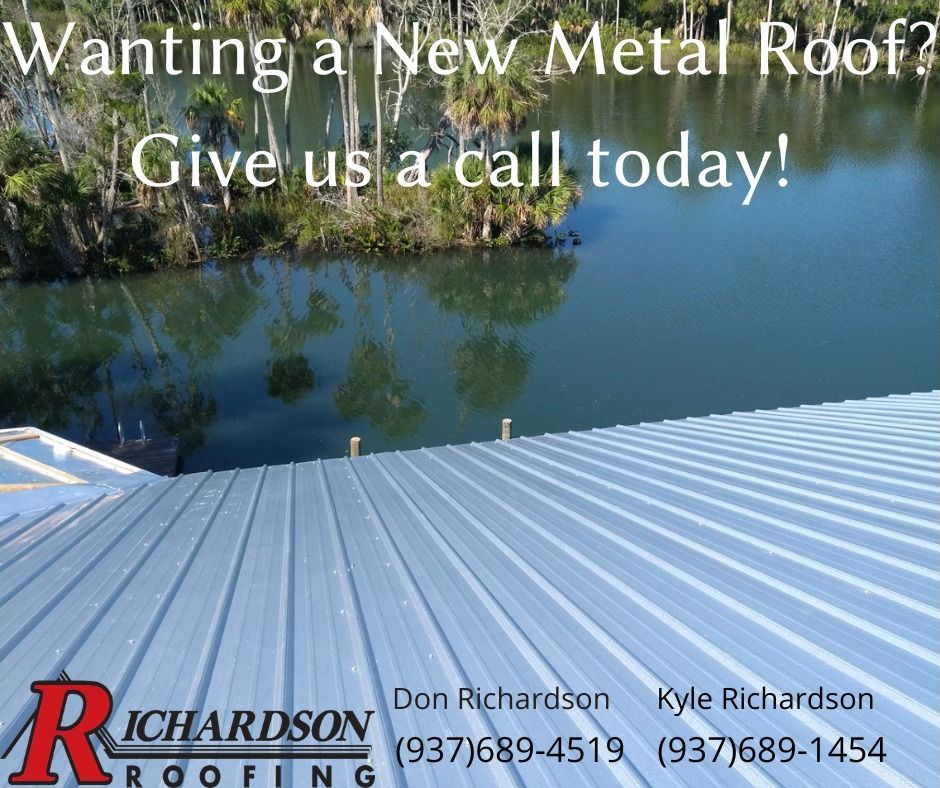 An advertisement for richardson roofing shows a metal roof overlooking a body of water